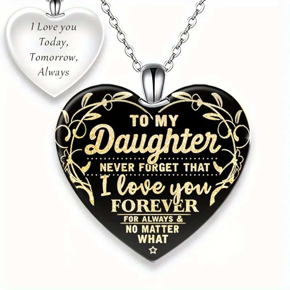 Necklace I Love You Daughter Forever Heart 2 sided Silver Pendant Family Child